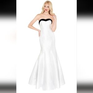 Macduggal satin style black contrast neckline strapless wedding dress